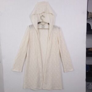Neiman Marcus Cashmere Hooded Cardigan Cream  Pointelle Cable Knit Sweater M